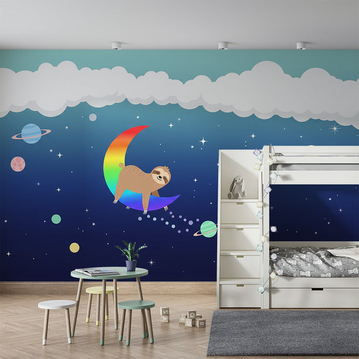 Carta da parati per cameretta | Un bradipo cosmico su una luna arcobaleno tra le stelle