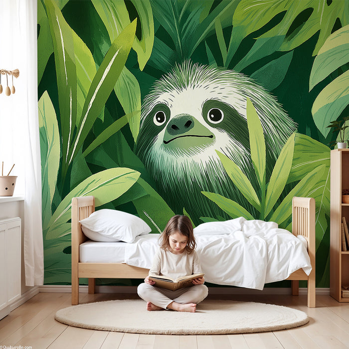 Kids room wallpaper | Curious sloth in the middle of the lush jungle