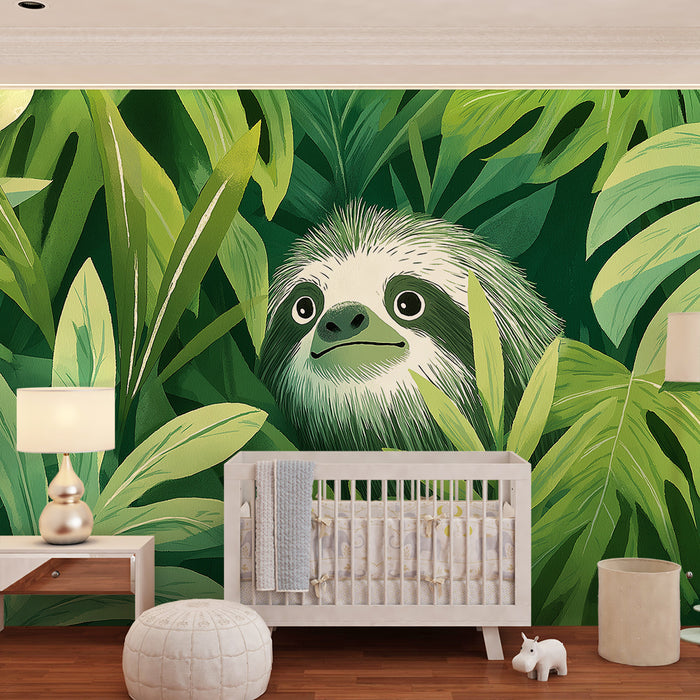Kids room wallpaper | Curious sloth in the middle of the lush jungle