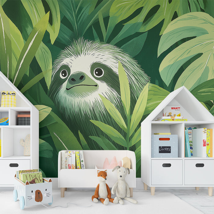 Kids room wallpaper | Curious sloth in the middle of the lush jungle