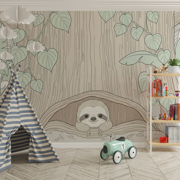 Papier peint chambre enfant | Paresseux dans un arbre au coeur de la nature