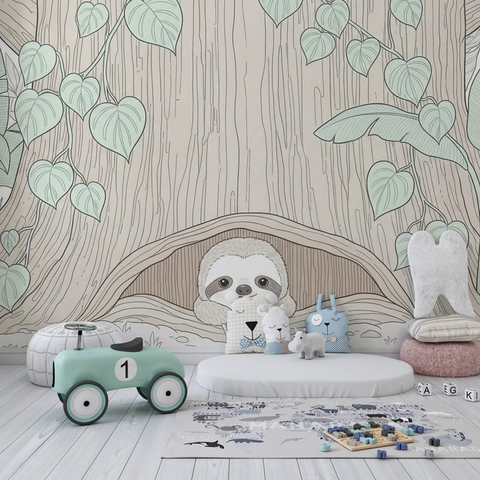 Papier peint chambre enfant | Paresseux dans un arbre au coeur de la nature