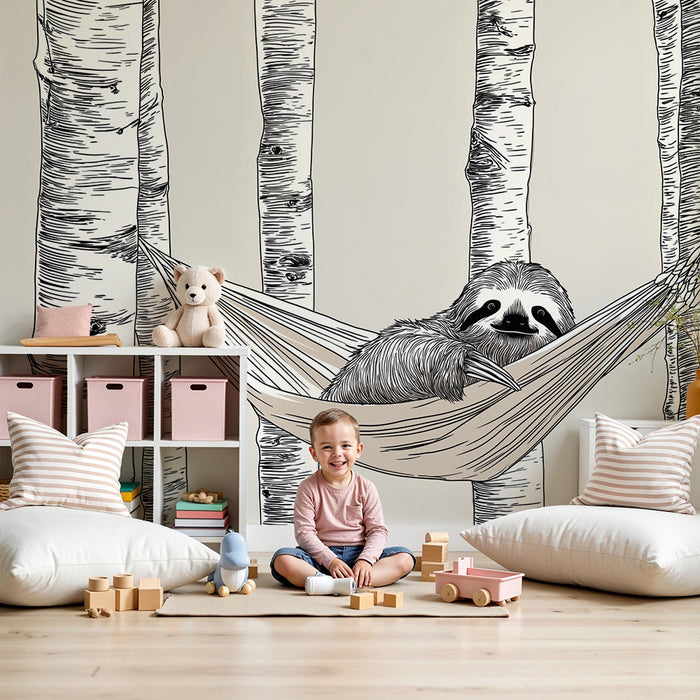 Kids room wallpaper | Relaxed sloth in a hammock between the trees
