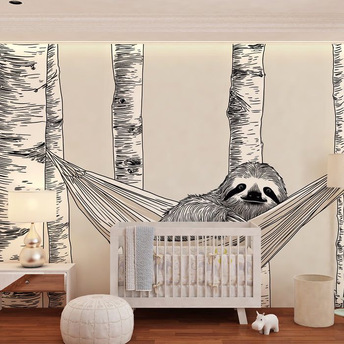 Kids room wallpaper | Relaxed sloth in a hammock between the trees