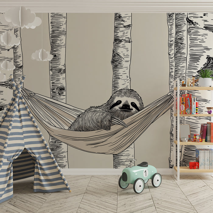 Kids room wallpaper | Relaxed sloth in a hammock between the trees