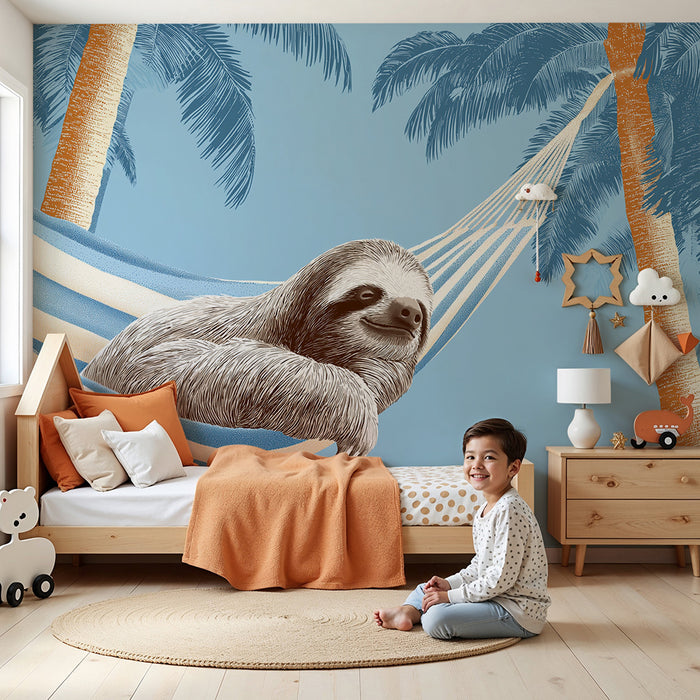 Kinderkamer behang | Leni lenivec v viseči mreži pod palmami