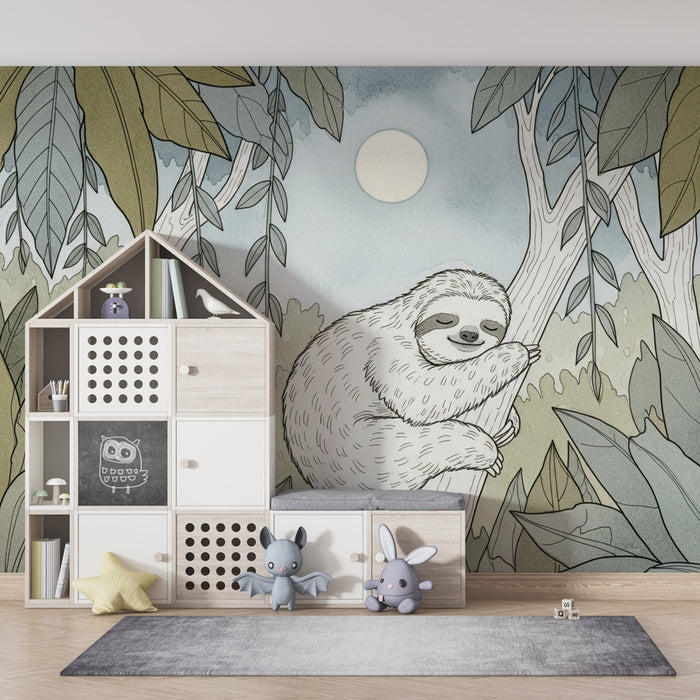 Kids room wallpaper | Sleepy sloth in the jungle