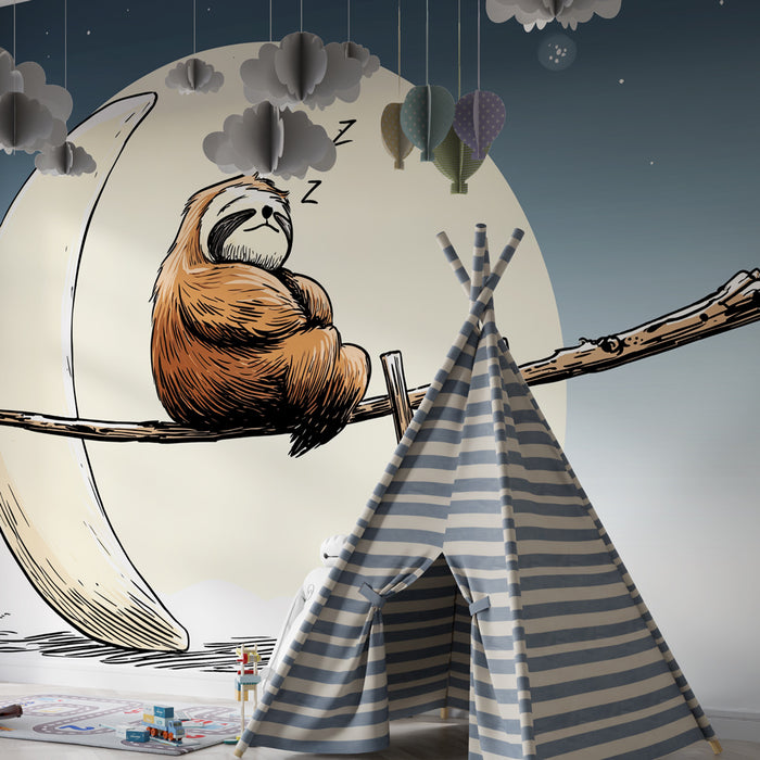 Papier peint chambre enfant | Paresseux endormi sous la lune