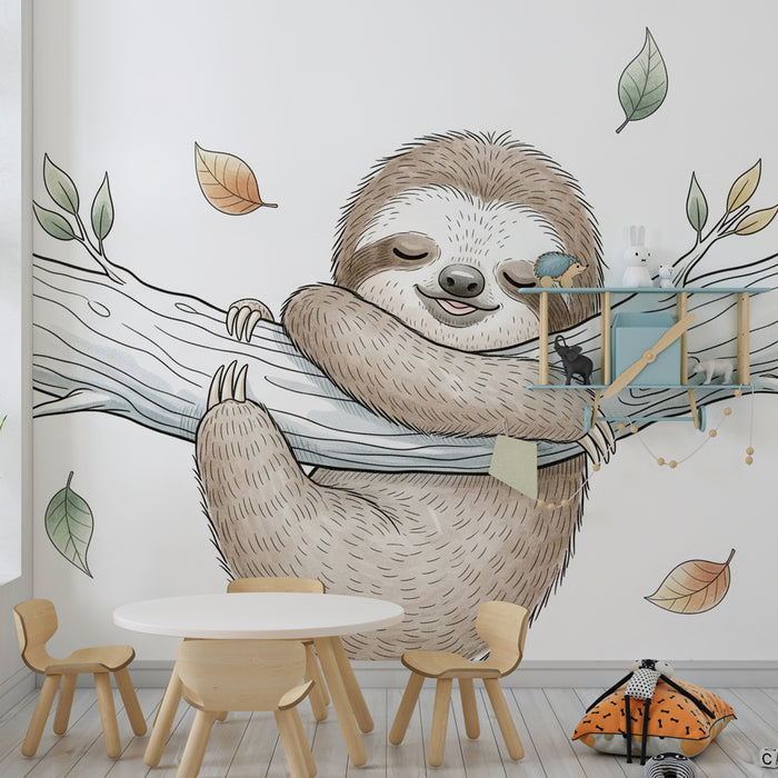 Papel pintado infantil | Perezoso durmiendo en una rama