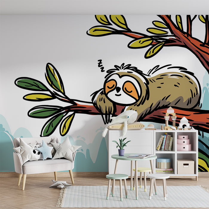 Carta da parati bambini | Bradipo addormentato su un ramo in un ambiente tropicale