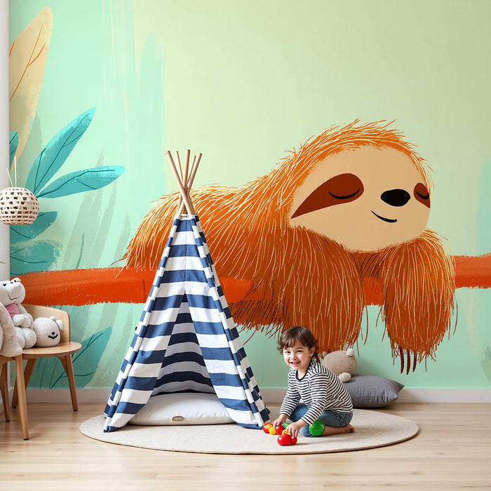 Kinderzimmer Tapete | Fauler Faultier, das auf einem Ast in einem bunten Dschungel schläft