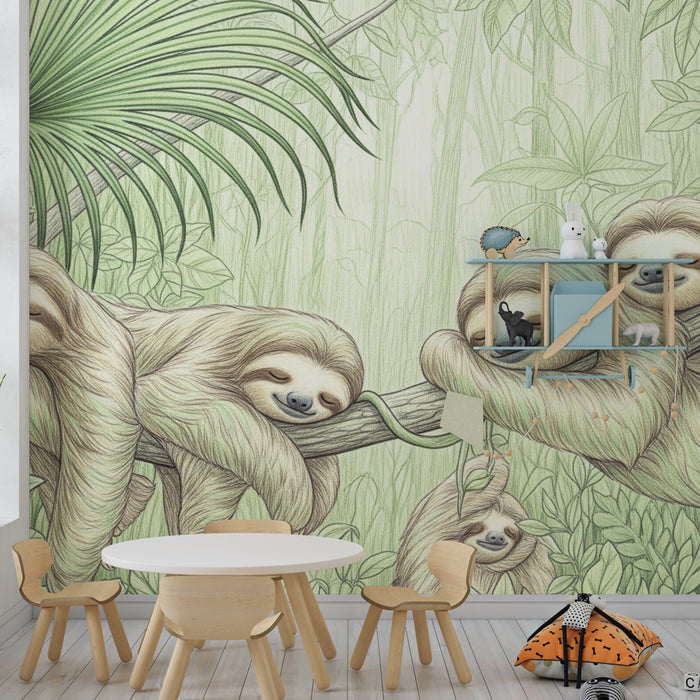 Kinderkamer behang | Slapende luiaards in de jungle