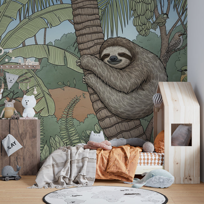 Papier peint chambre enfant | Paresseux et jungle tropicale