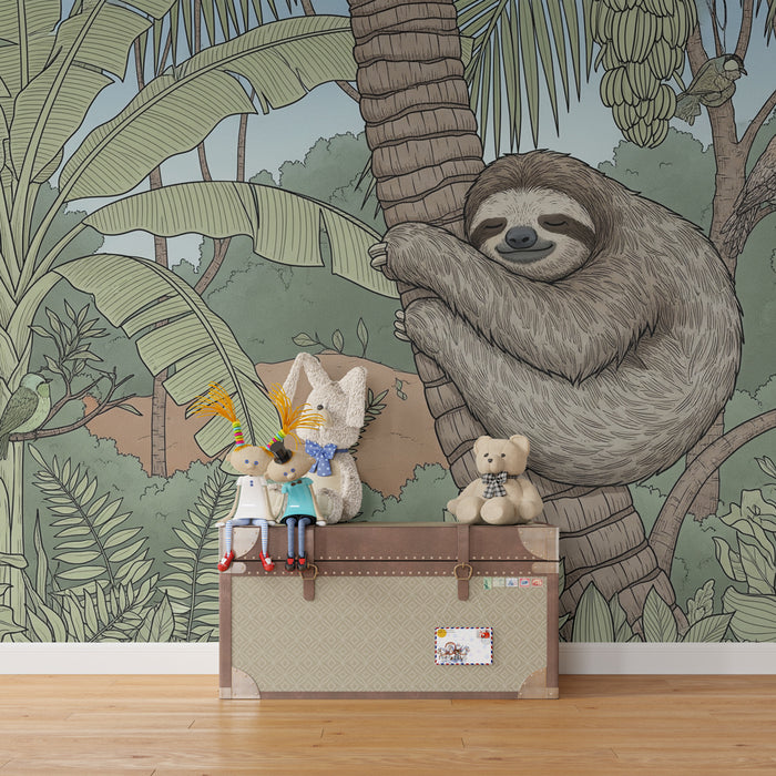 Papier peint chambre enfant | Paresseux et jungle tropicale