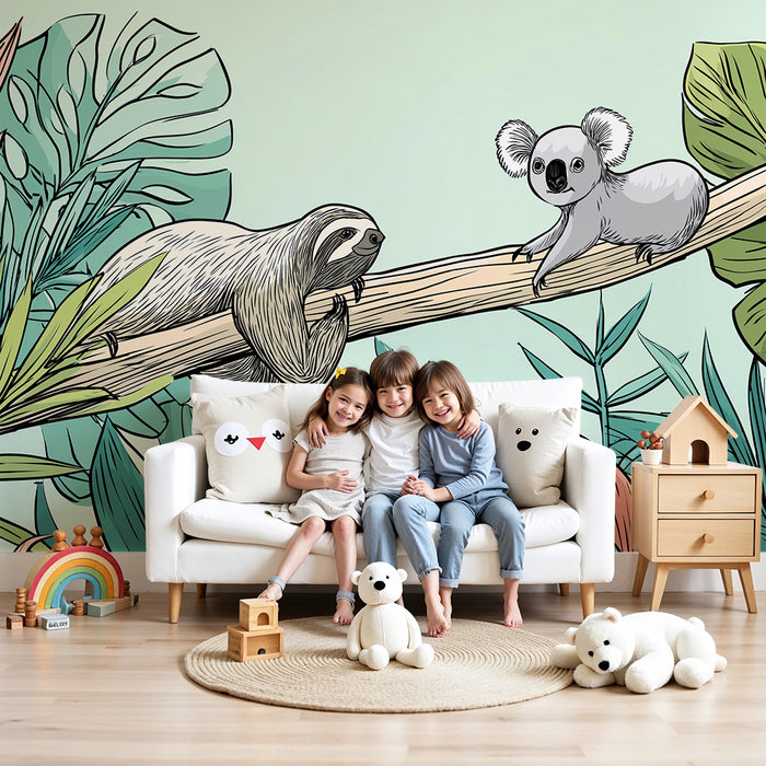 Detská izba tapeta | Lenivci a koala v farebnej džungli