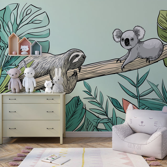 Detská izba tapeta | Lenivci a koala v farebnej džungli