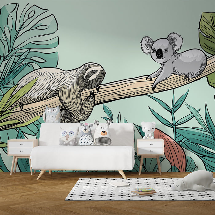 Detská izba tapeta | Lenivci a koala v farebnej džungli