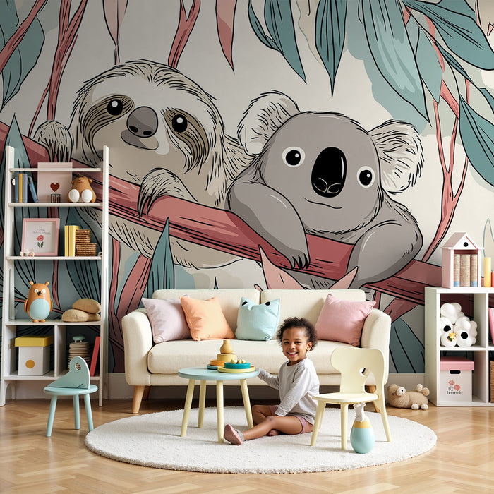 Kids room wallpaper | Lazy and koala on a branch among the foliage