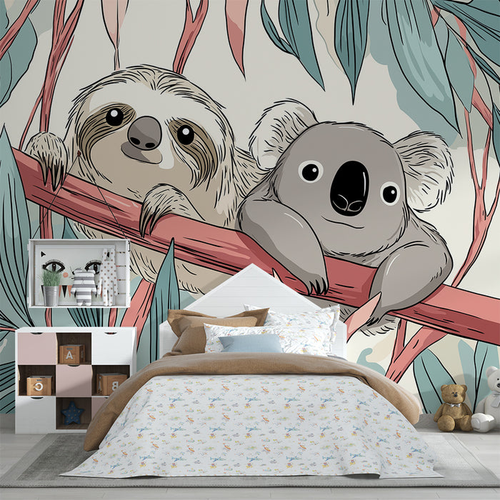 Kids room wallpaper | Lazy and koala on a branch among the foliage