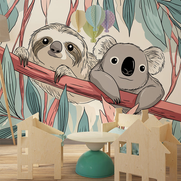 Kids room wallpaper | Lazy and koala on a branch among the foliage