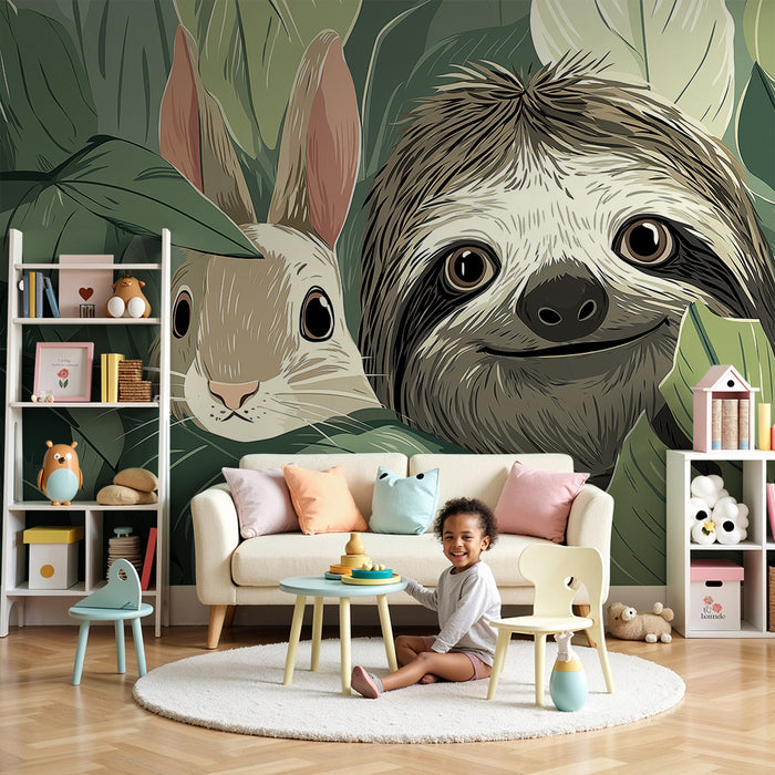 Papier de parede quarto criança | Preguiçoso e coelho em uma selva luxuriante