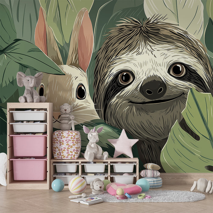 Papier de parede quarto criança | Preguiçoso e coelho em uma selva luxuriante