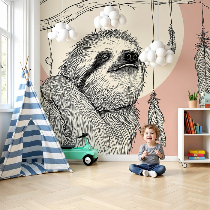 Papier peint chambre enfant | Paresseux et plumes dans la jungle