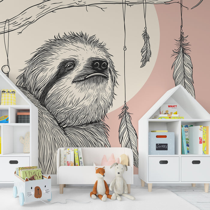 Papier peint chambre enfant | Paresseux et plumes dans la jungle