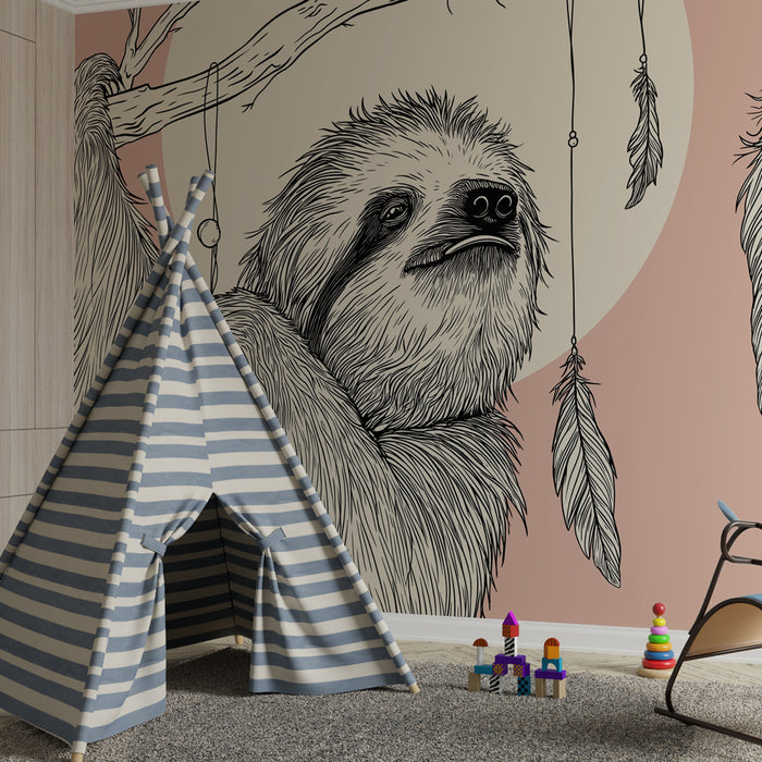 Papier peint chambre enfant | Paresseux et plumes dans la jungle