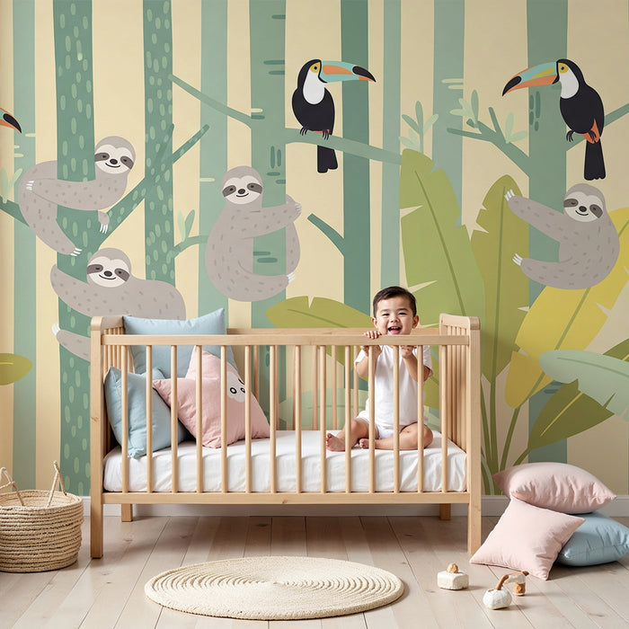 Behang kinderkamer | Luiaards en toekans in een kleurrijke jungle