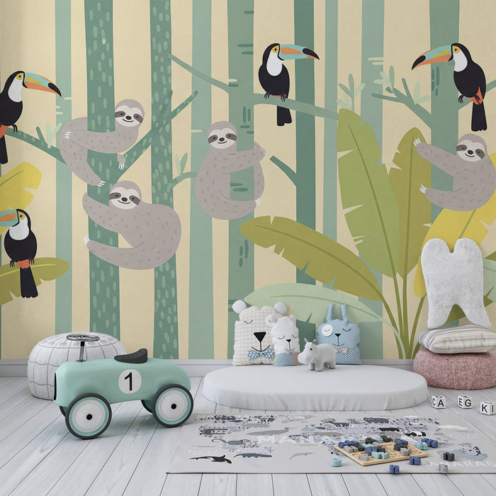 Behang kinderkamer | Luiaards en toekans in een kleurrijke jungle