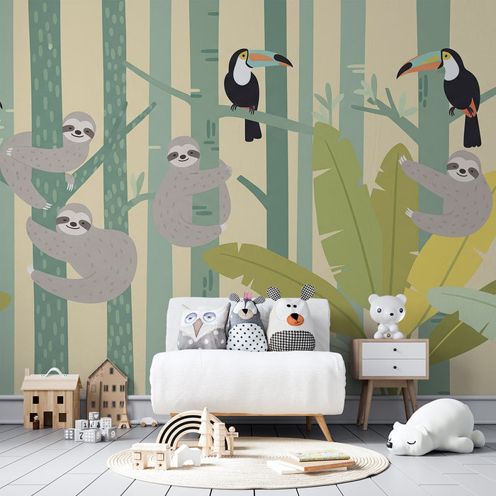Behang kinderkamer | Luiaards en toekans in een kleurrijke jungle