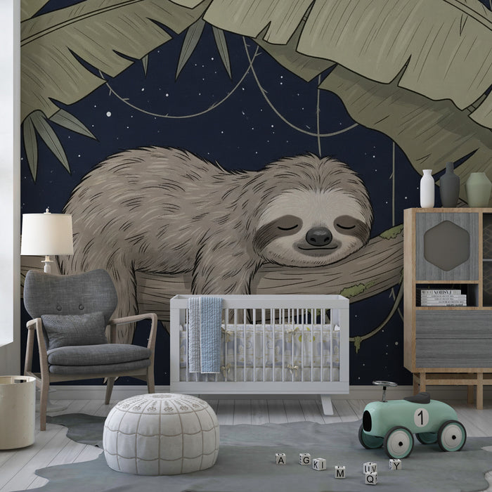Papier peint chambre enfant | Paresseux fatigué et endormi sous les étoiles