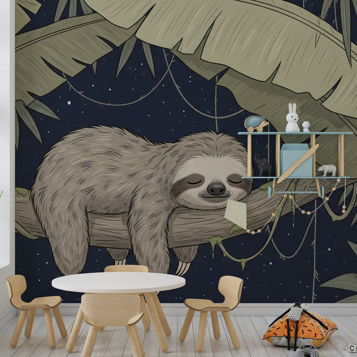 Papier peint chambre enfant | Paresseux fatigué et endormi sous les étoiles