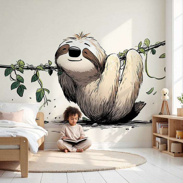 Kids room wallpaper | Veseli lenivec visi na zeleni trti.