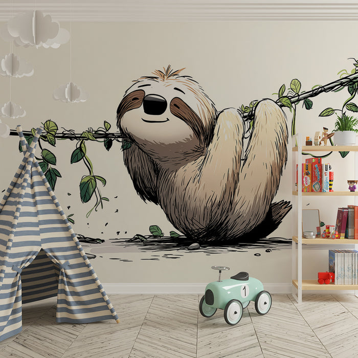 Kids room wallpaper | Veseli lenivec visi na zeleni trti.
