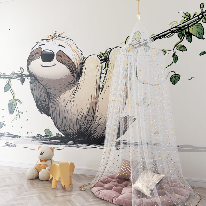Kids room wallpaper | Veseli lenivec visi na zeleni trti.