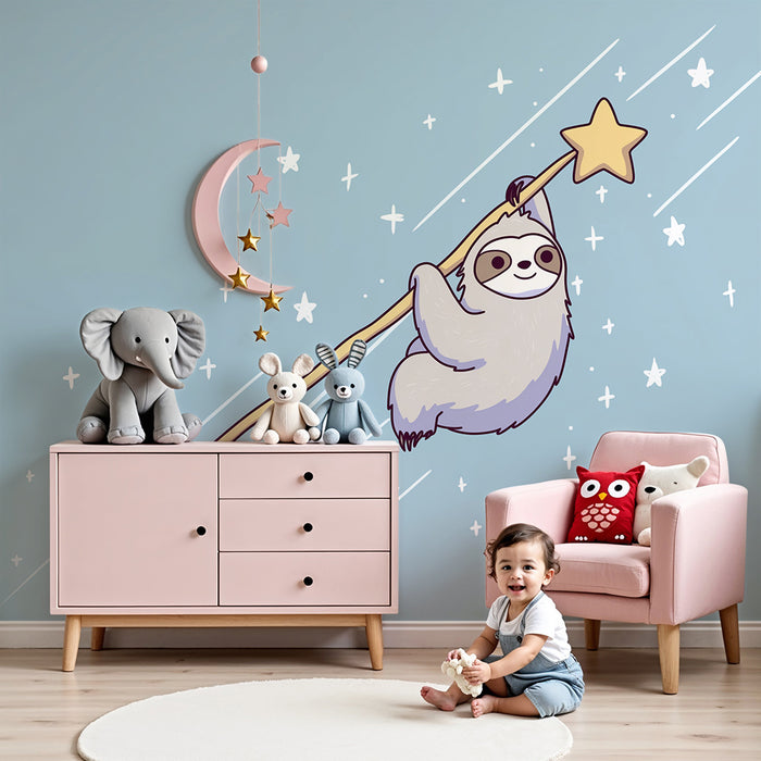 Kids room wallpaper | Magical lazy sloth floating among the stars