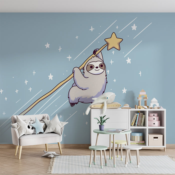 Kids room wallpaper | Magical lazy sloth floating among the stars