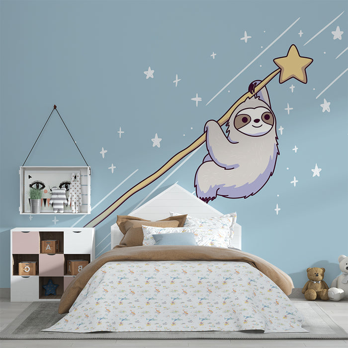 Kids room wallpaper | Magical lazy sloth floating among the stars