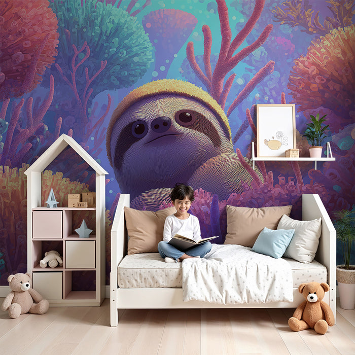 Kinderkamer behang | Schattige luiaard in een kleurrijke onderwaterwereld