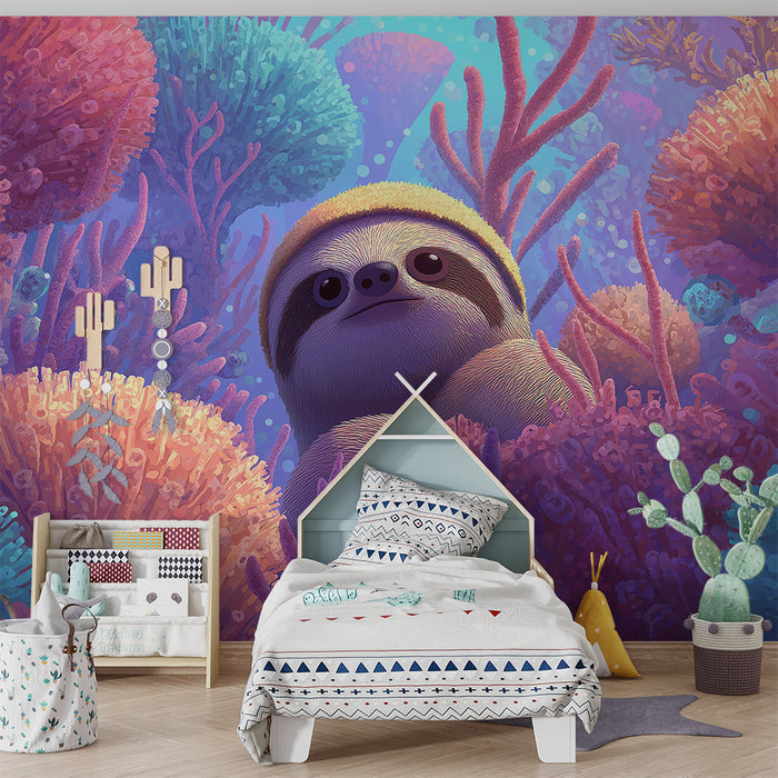 Kinderkamer behang | Schattige luiaard in een kleurrijke onderwaterwereld