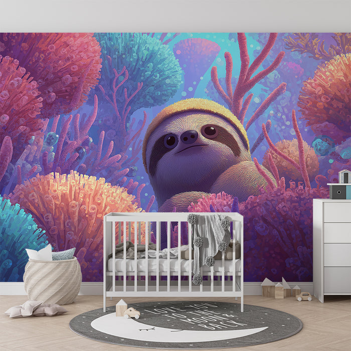Kinderkamer behang | Schattige luiaard in een kleurrijke onderwaterwereld