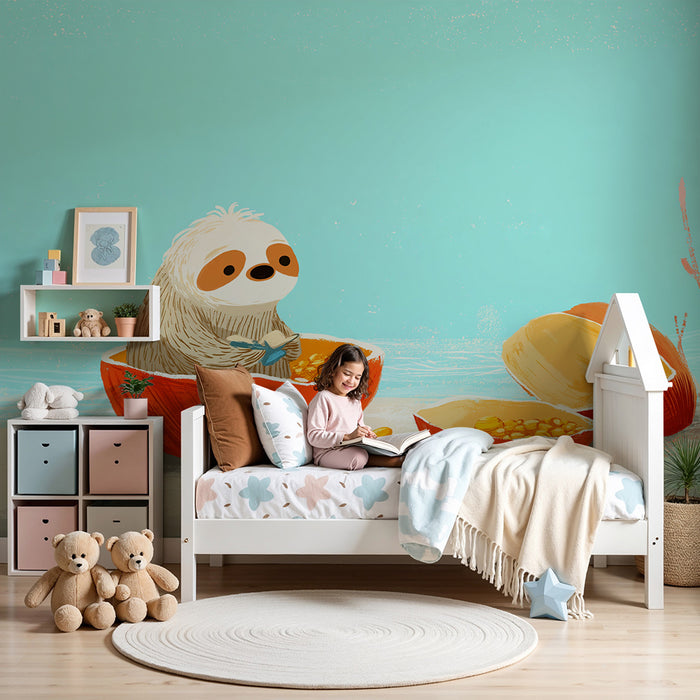 Kids room wallpaper | Cute lazy sloth in a coconut on an aquatic background