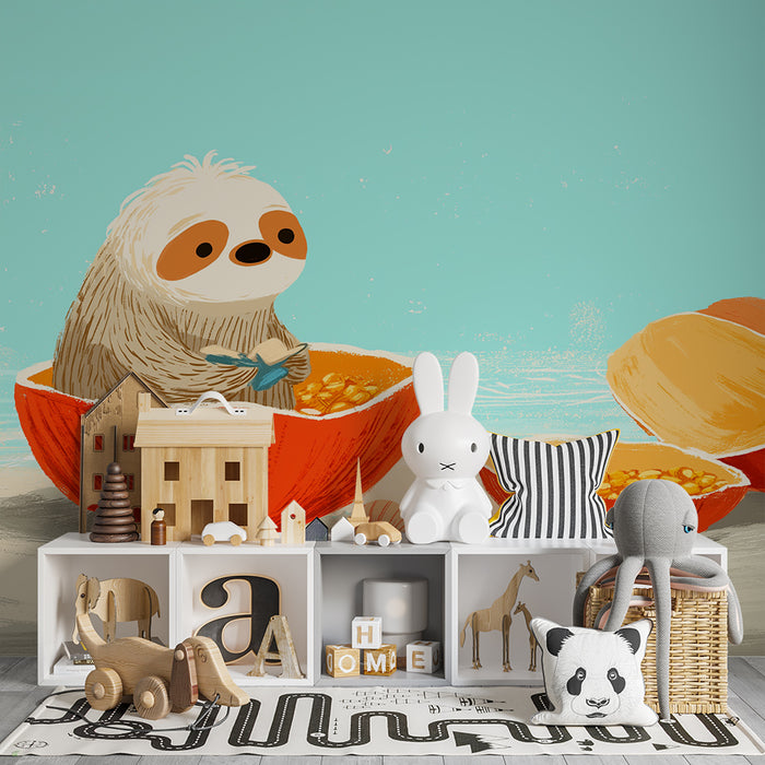 Kids room wallpaper | Cute lazy sloth in a coconut on an aquatic background
