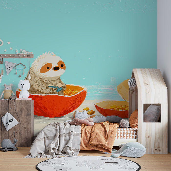 Kids room wallpaper | Cute lazy sloth in a coconut on an aquatic background