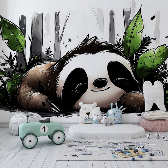 Kids room wallpaper | Cute lazy surrounded by lush foliage
