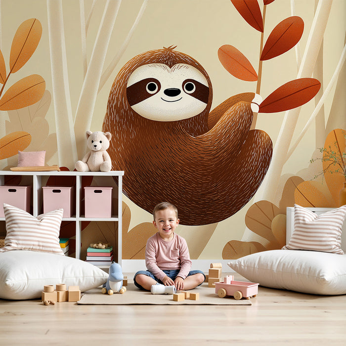 Papel de parede para quarto infantil | Preguiça fofa pendurada numa floresta de outono