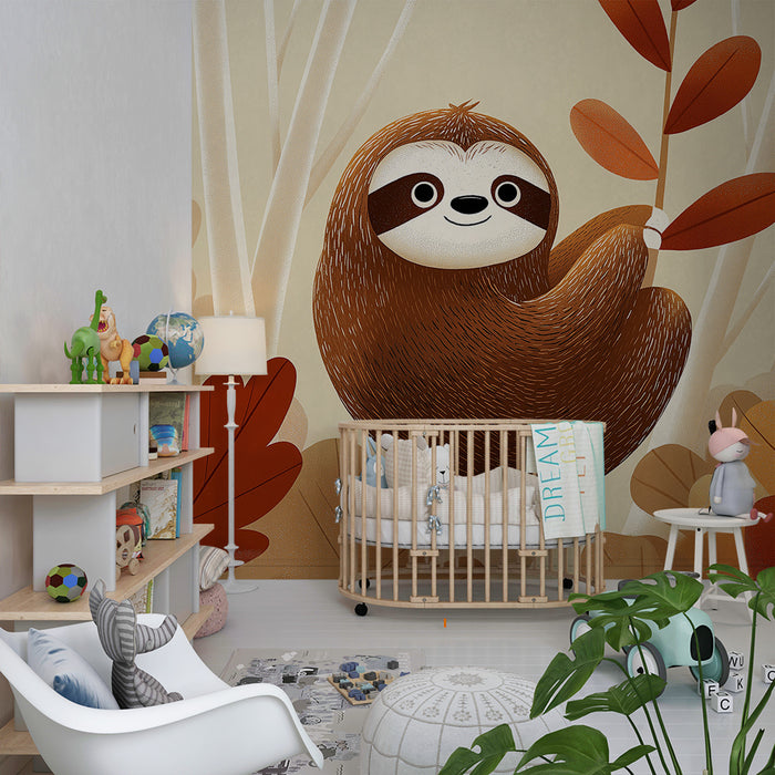 Papel de parede para quarto infantil | Preguiça fofa pendurada numa floresta de outono