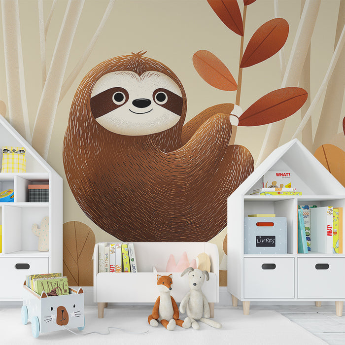 Papel de parede para quarto infantil | Preguiça fofa pendurada numa floresta de outono